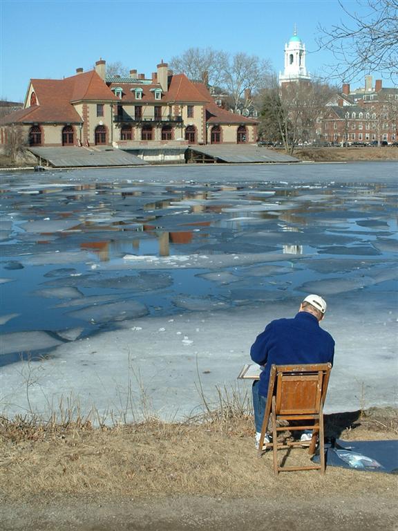 Charles River — Charles River, Ice, Cambridge, Painter.  Weld Boathouse (home to Harvard University rowing team) in the background.