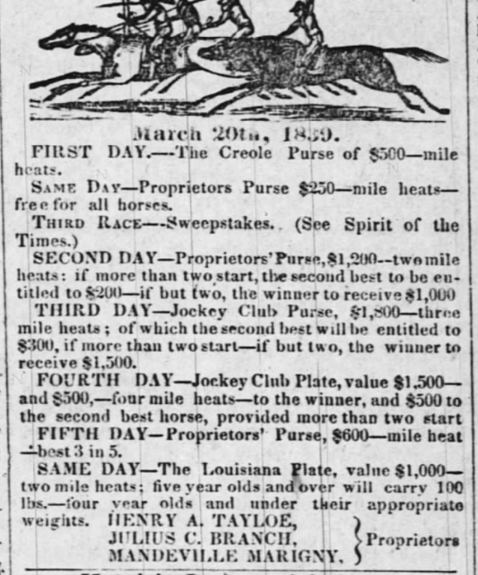 Fair Grounds Race Course & Slots — Times Picayune Ad March 13, 1839