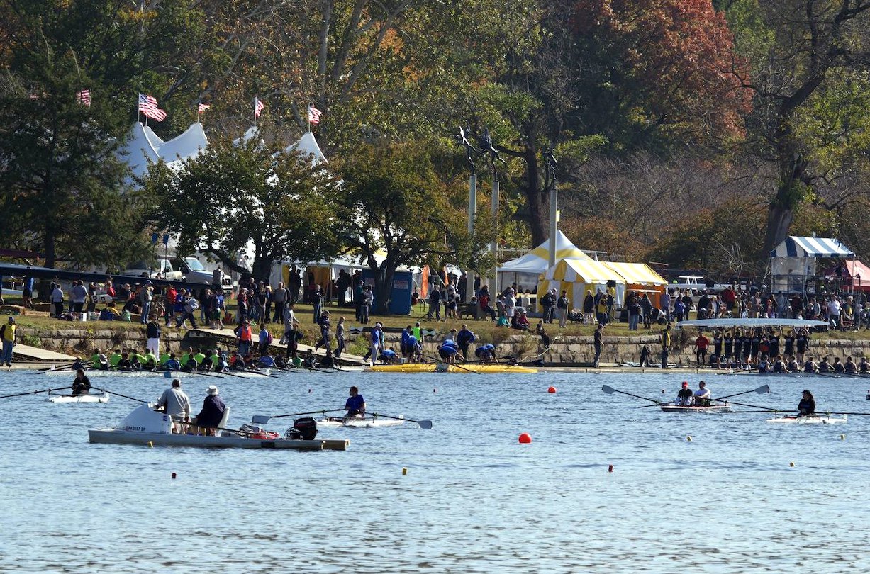 Head of the Schuylkill Regatta — Docks, Festival Tent, and the Three Angels at the Head of the Schuylkill
